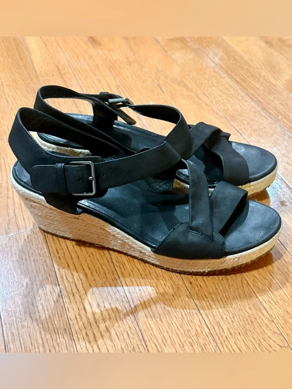Eileen Fisher Women’s 11 Beckon Leather Espadrille Wedge Sandals Strappy Jute